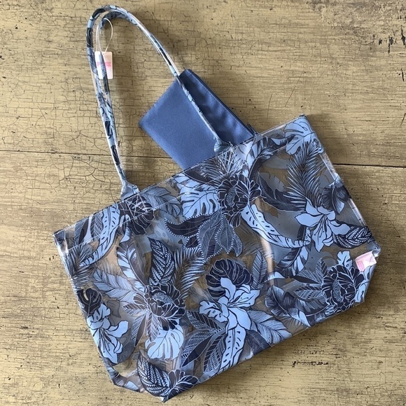 PINK VICTORIAS SECRET Summer Blue Tropical Floral PVC Tote Bag - Picture 13 of 16